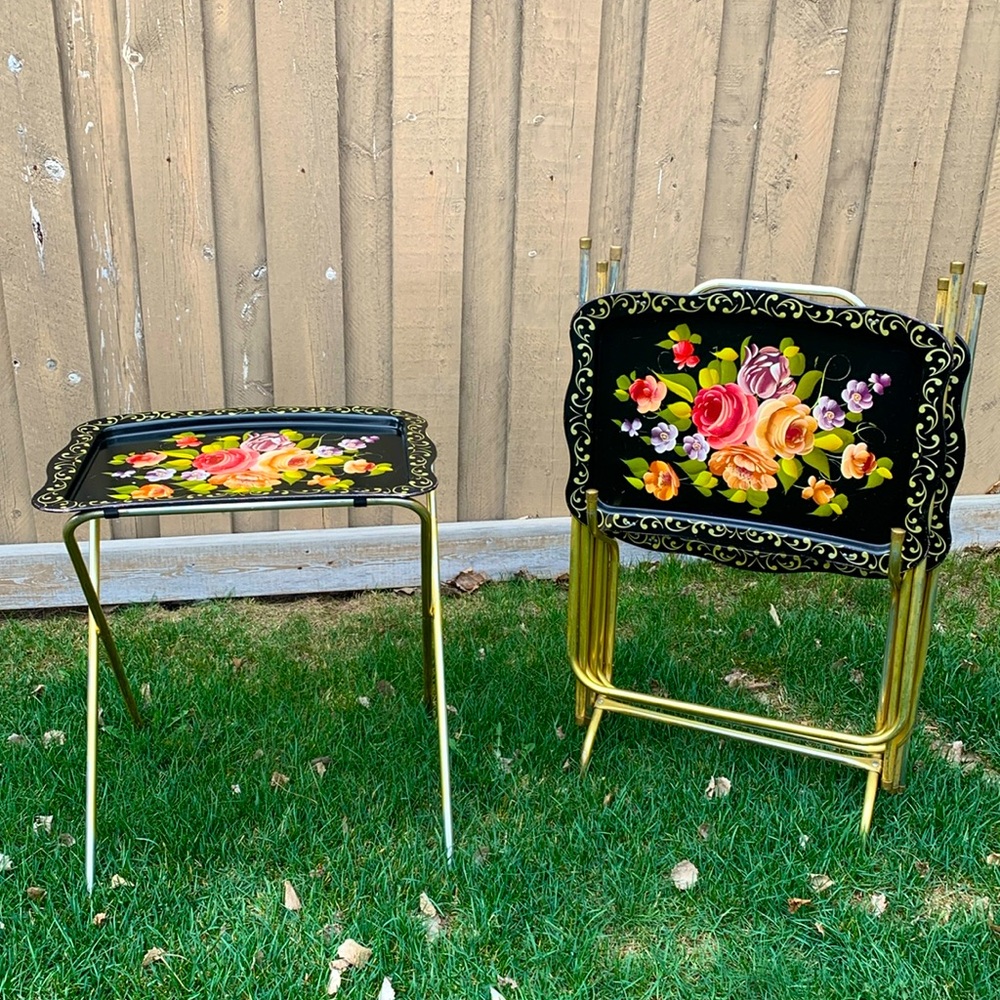 Vintage Metal TV Trays Set with Stand MCM